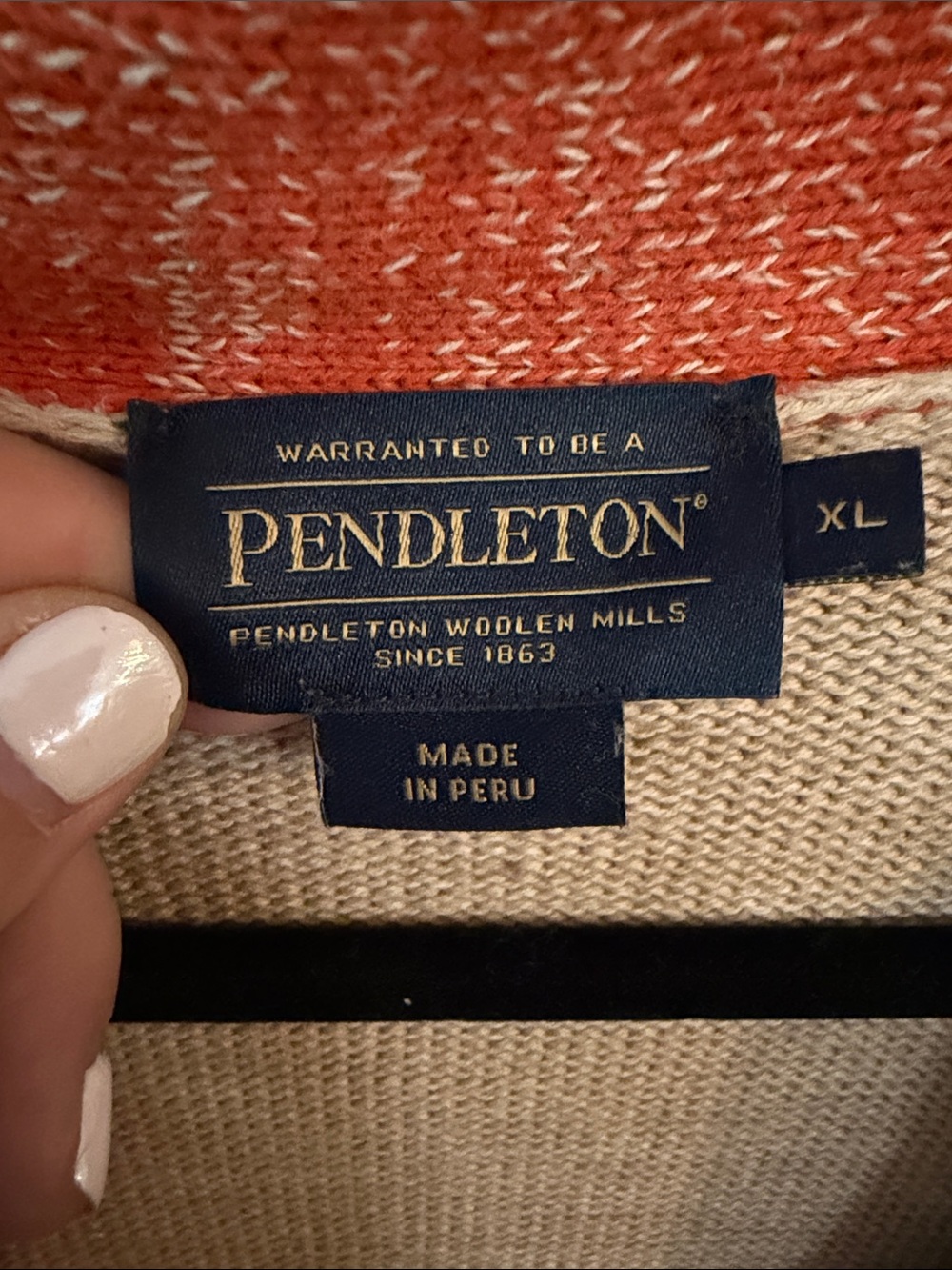 Pendleton Beige Cardigan with Orange Trim and Blue Hem - Picture 2 of 4